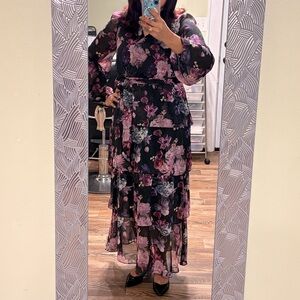Express Black and Purple Floral Long Sleeve Dress